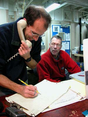 Bob Pickart (left) and Tom Weingartner (right) complete a bathymetry (depth) survey